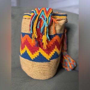NEW Handwoven Multicolor Chevron Bucket Bag - Natural & Bright Accent